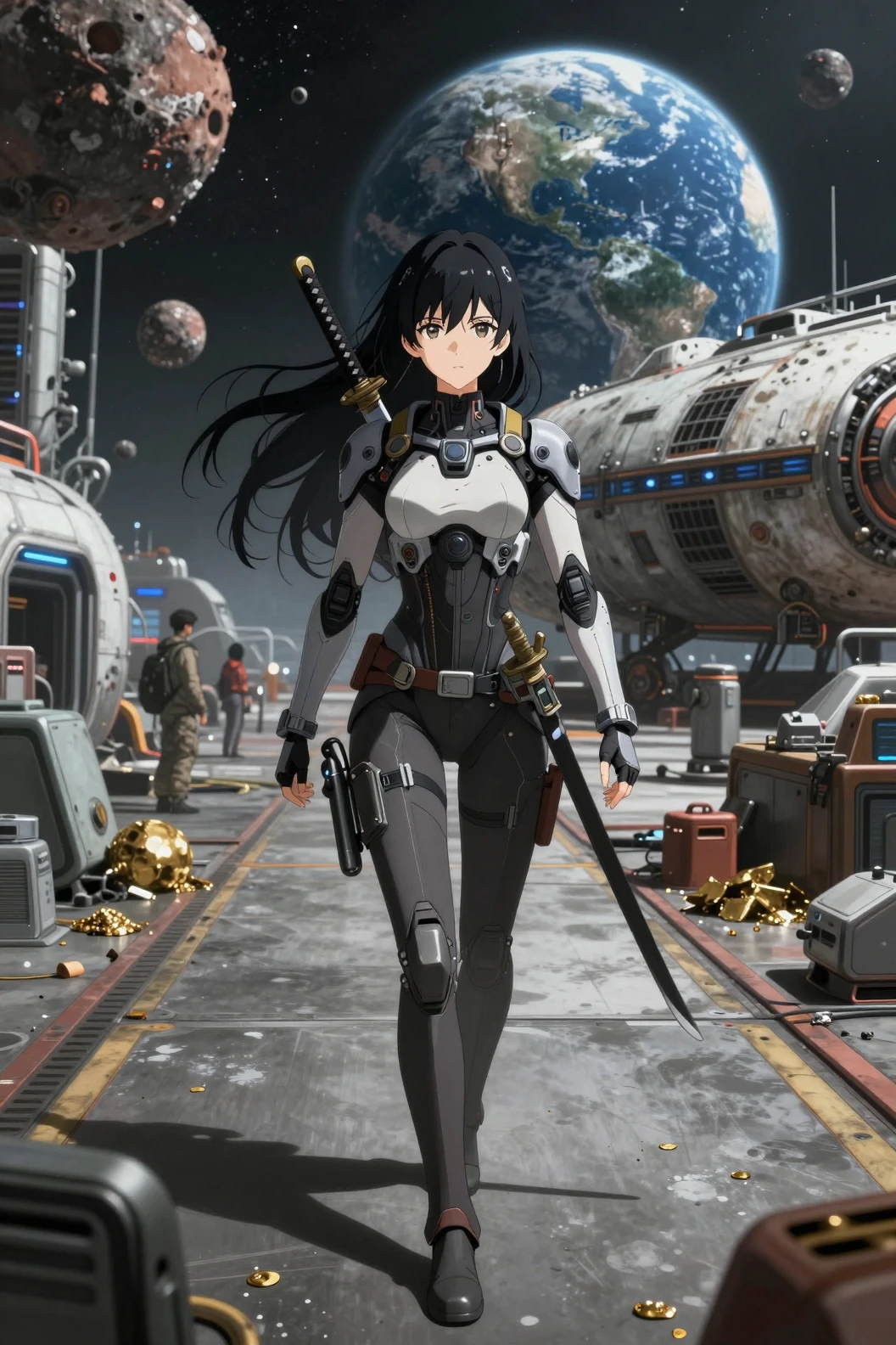 분주한 우주정거장 경사로 위 나노텍 슈트를 입은 애니메이션 소녀