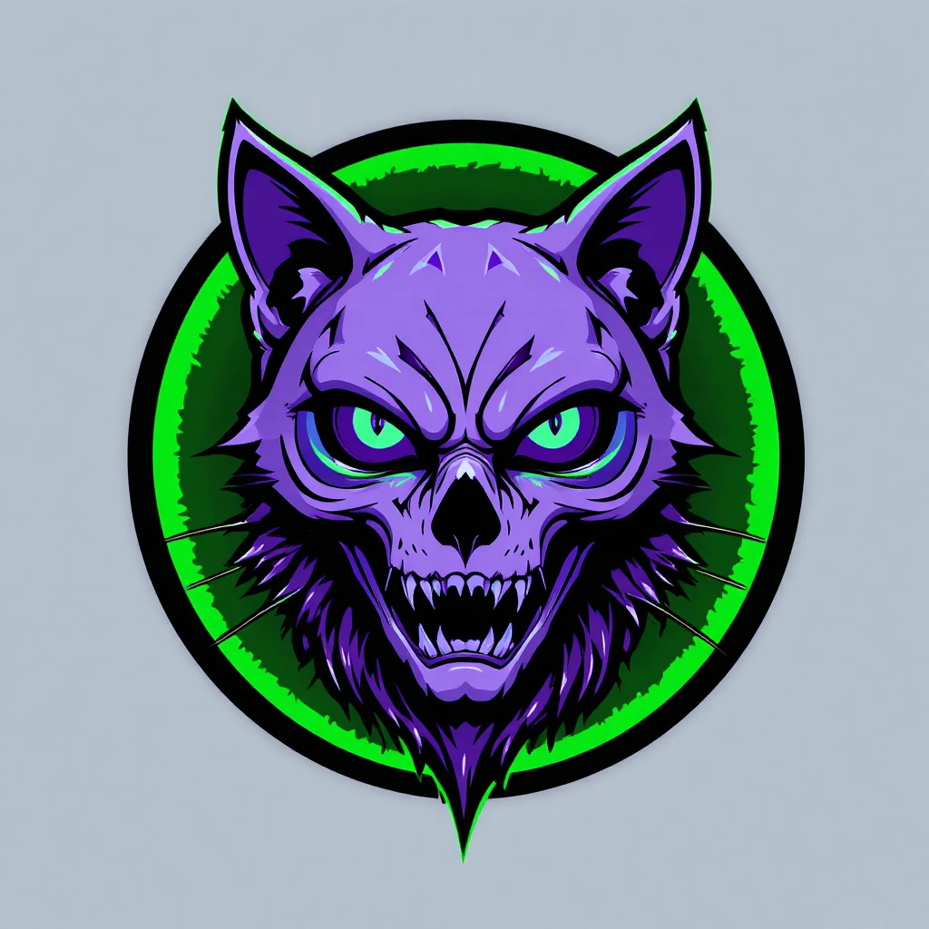 Lila Katzenschädel-Logo mit neongrünem Heiligenschein und Flügeln