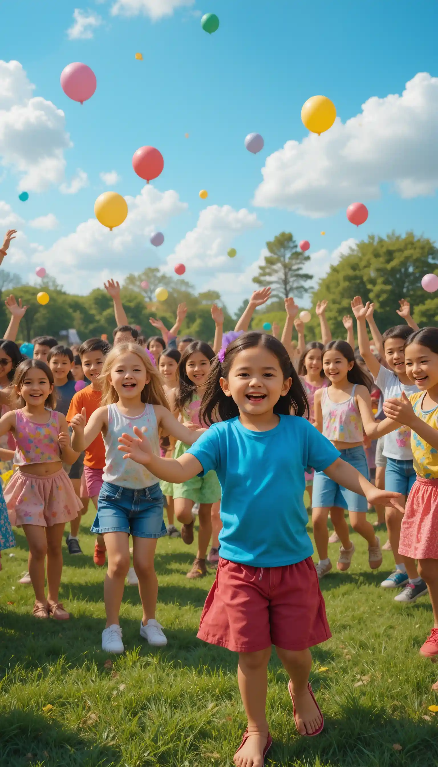 Bambini felici che ballano insieme in un soleggiato parco cittadino