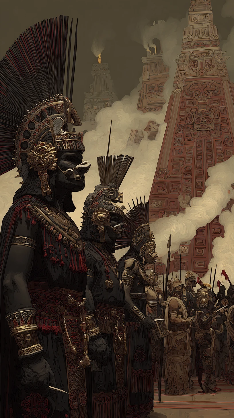 Guerreiros mesoamericanos antigos reunidos diante de um templo de pedra
