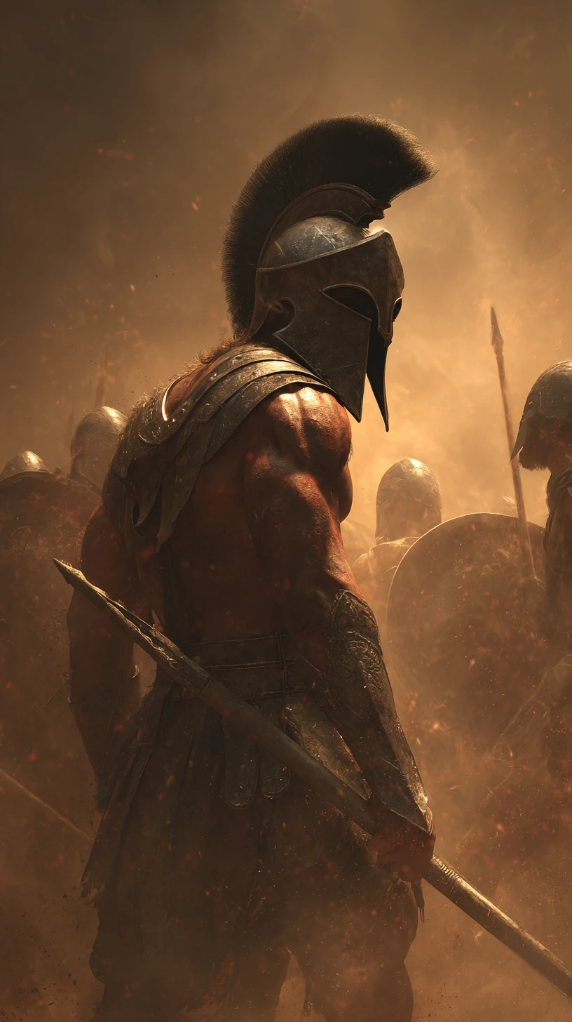 Guerrier en armure combattant des soldats perses sur un champ de bataille sombre