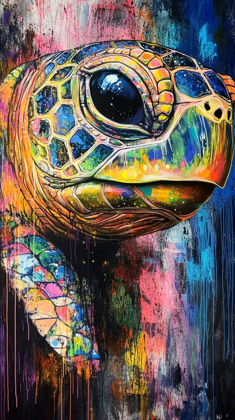 Portrait Surréaliste de Tortue en Graffiti avec Œil Néon Lumineux