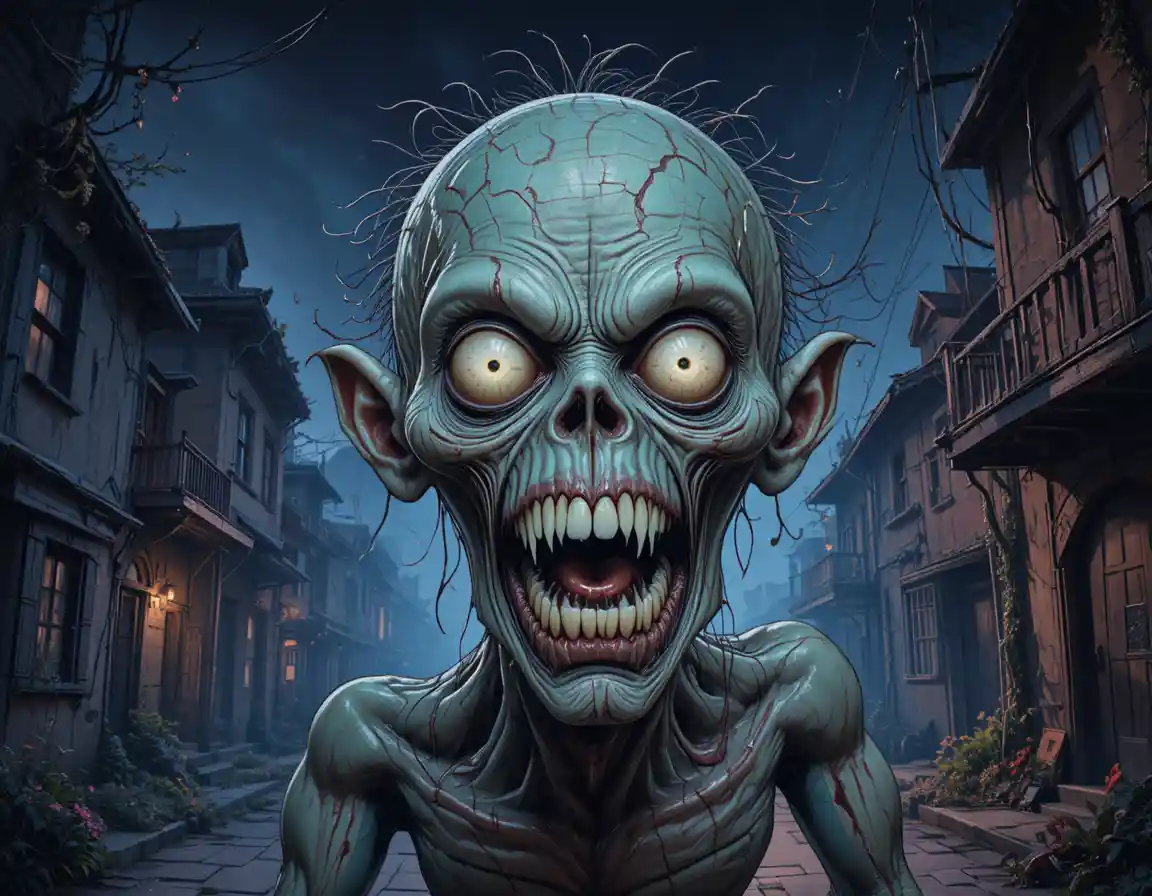 Terrifying cgi monster in a decaying dark town street