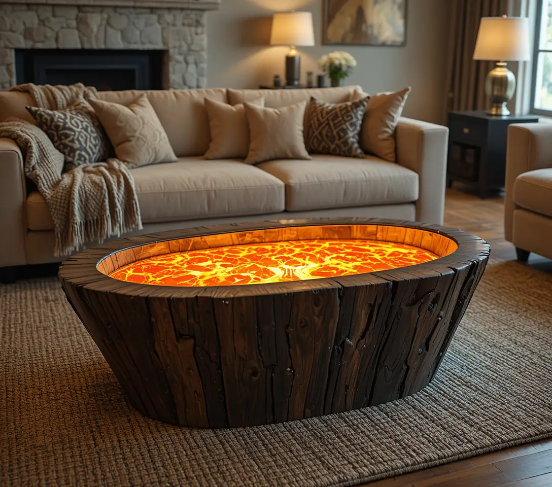 Modernes Wohnzimmer mit leuchtendem Couchtisch aus Glas