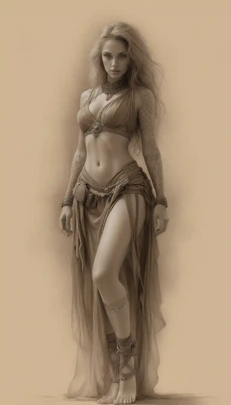Guerriera in seppia in drammatico ritratto fantasy a figura intera