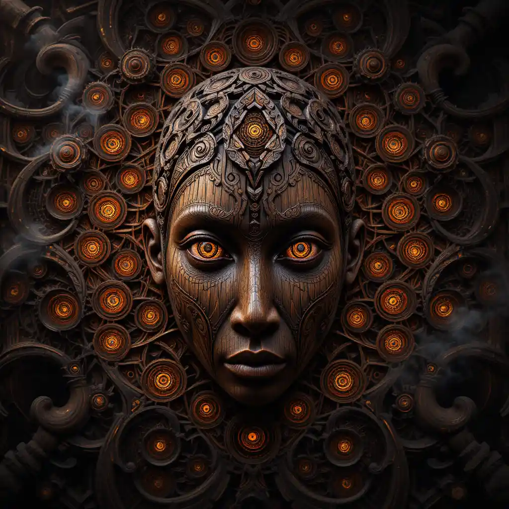 Máscara africana de madeira em fractal se dissolvendo em geometria recursiva