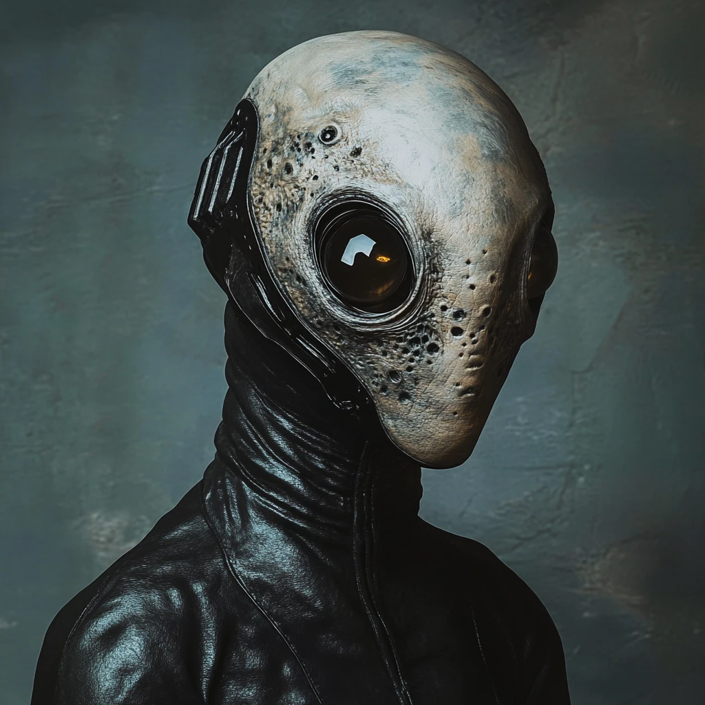Humanoide alienígena em traje preto brilhante dentro de uma nave espacial