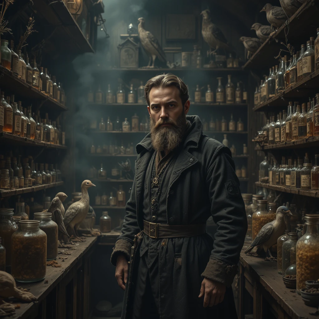 Bearded plague doctor in a dim seventeenth century apothecary