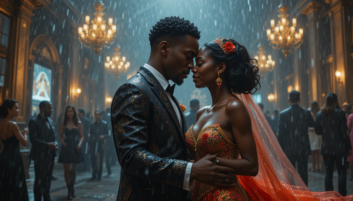 Romantic Black Couple Dancing Together In The Rain