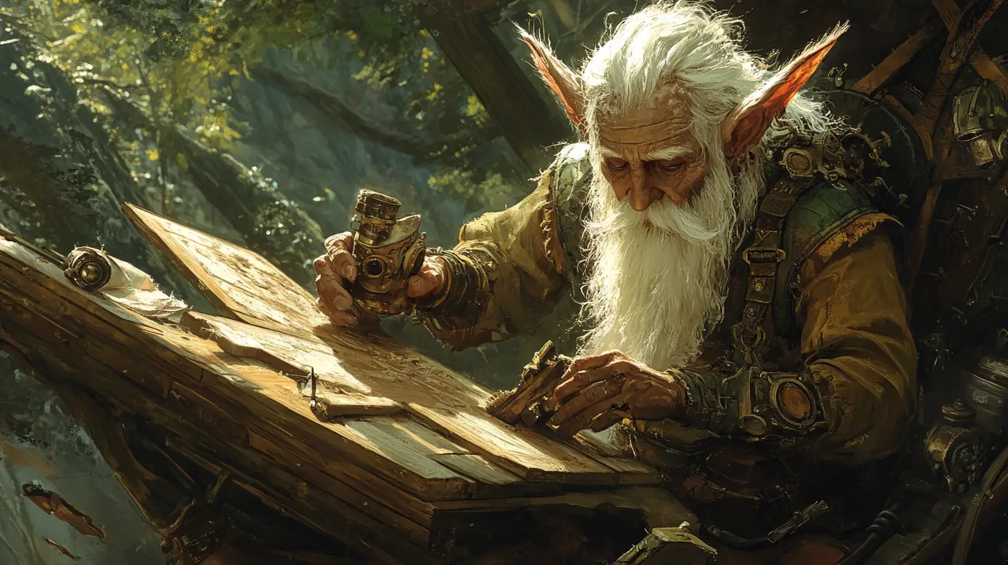 Anziano artigiano fantasy che scolpisce il legno a bordo di una nave steampunk