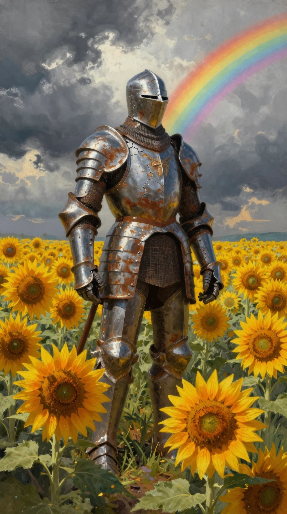 Ancient armored knight guarding towering surreal sunflowers
