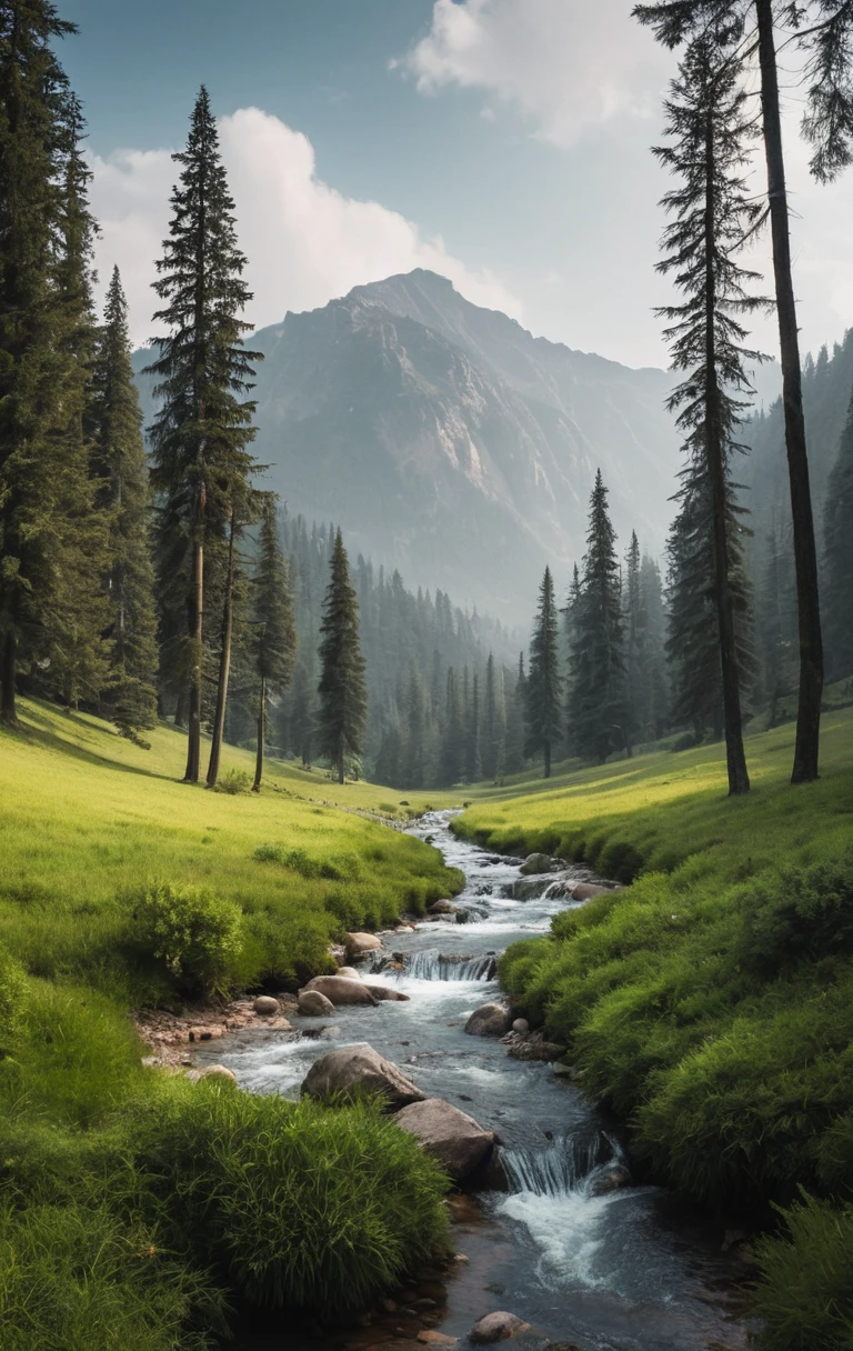 Paisagem tranquila de vale montanhoso com árvores e colinas