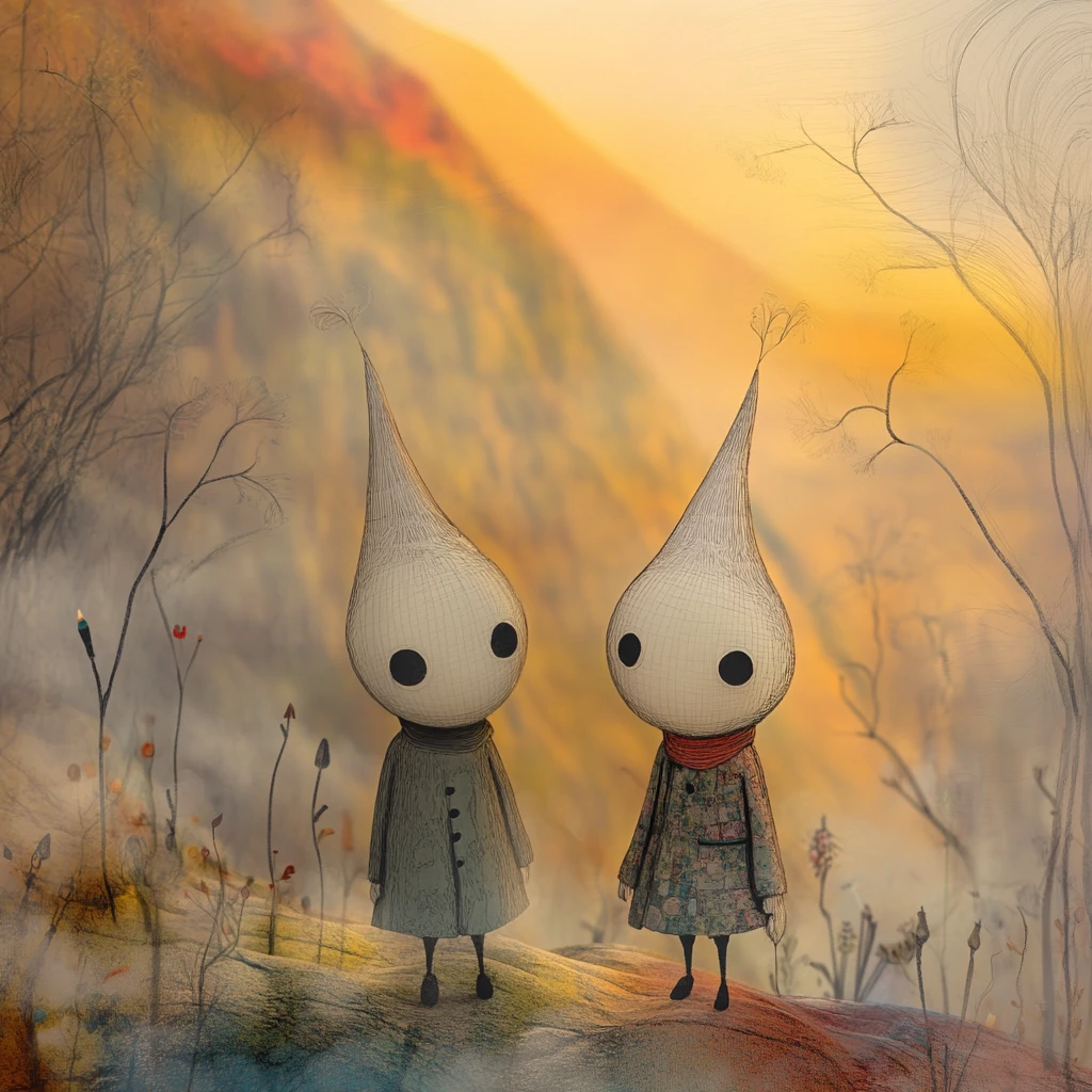 Surreal cartoon boys walking in a cathedral of clouds