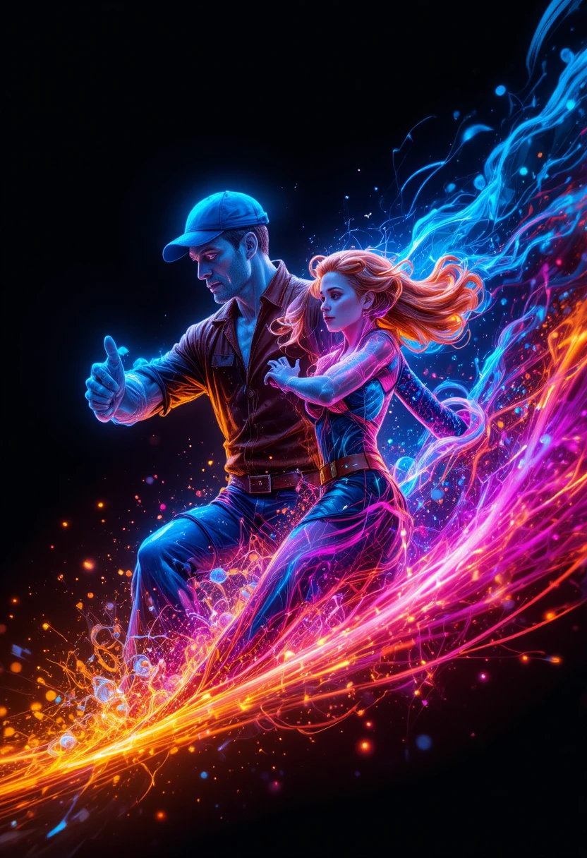 Illustration sportive néon avec personnages de dessin animé dynamiques