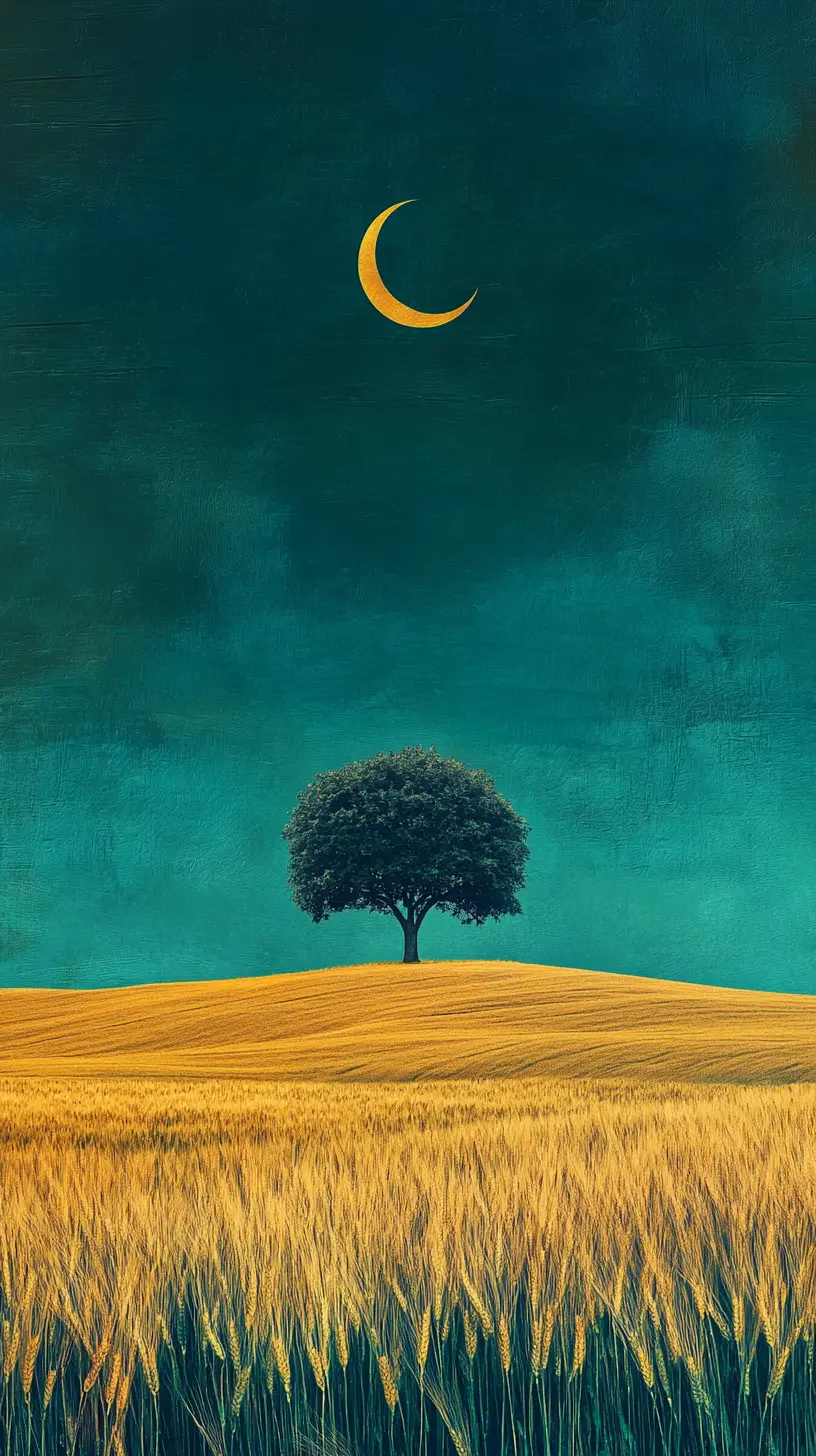 Kugelförmiger Baum im goldenen Weizenfeld unter türkisem Himmel