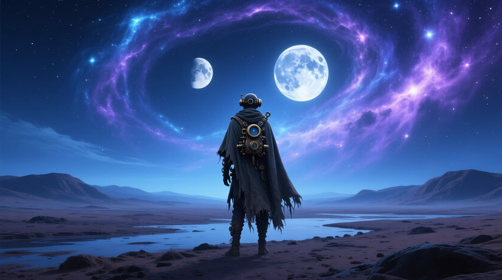 Lone traveler on alien shore beneath twin moons