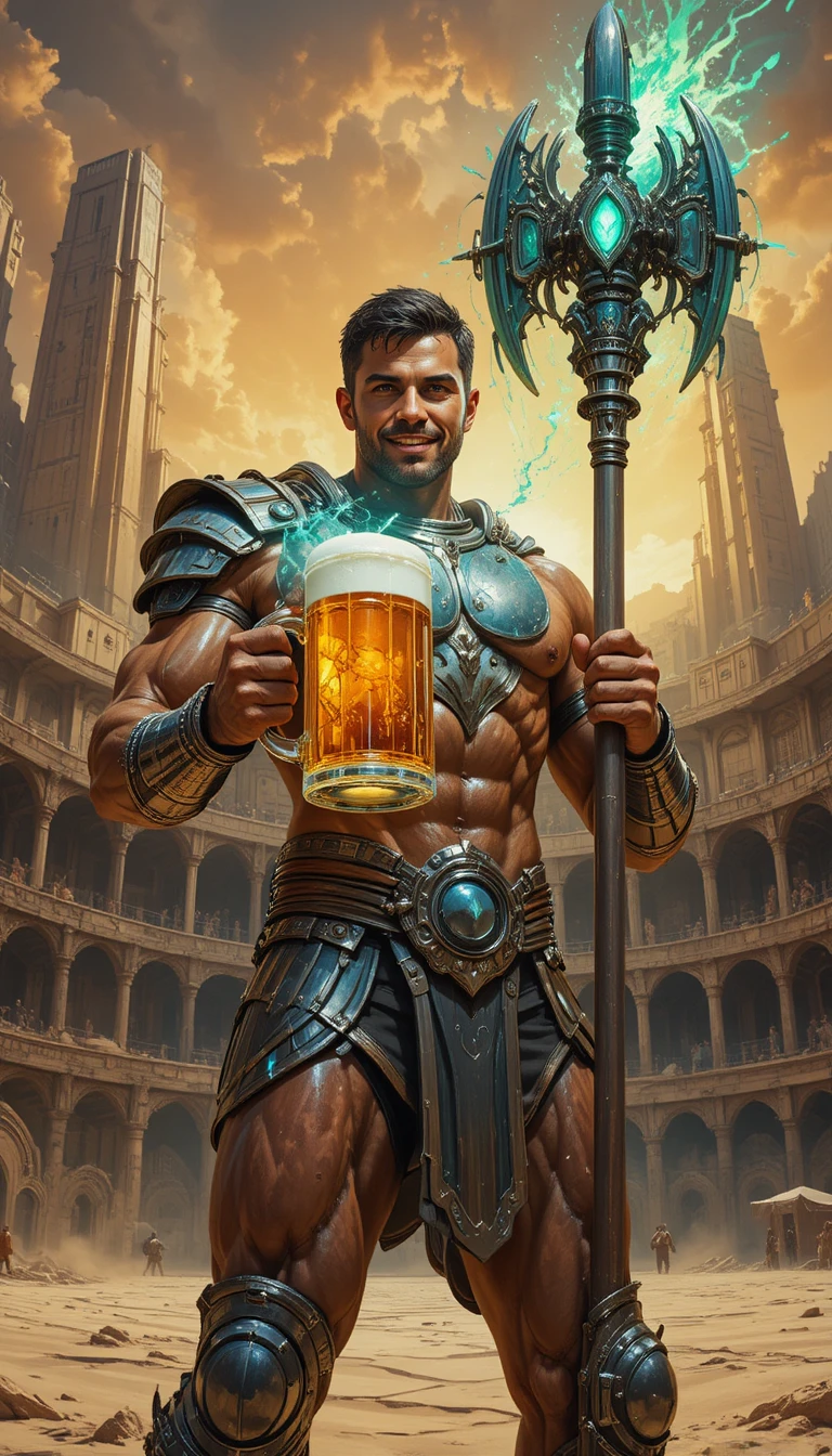Triumphierender Gladiator hebt magisches Bier in futuristischer Arena
