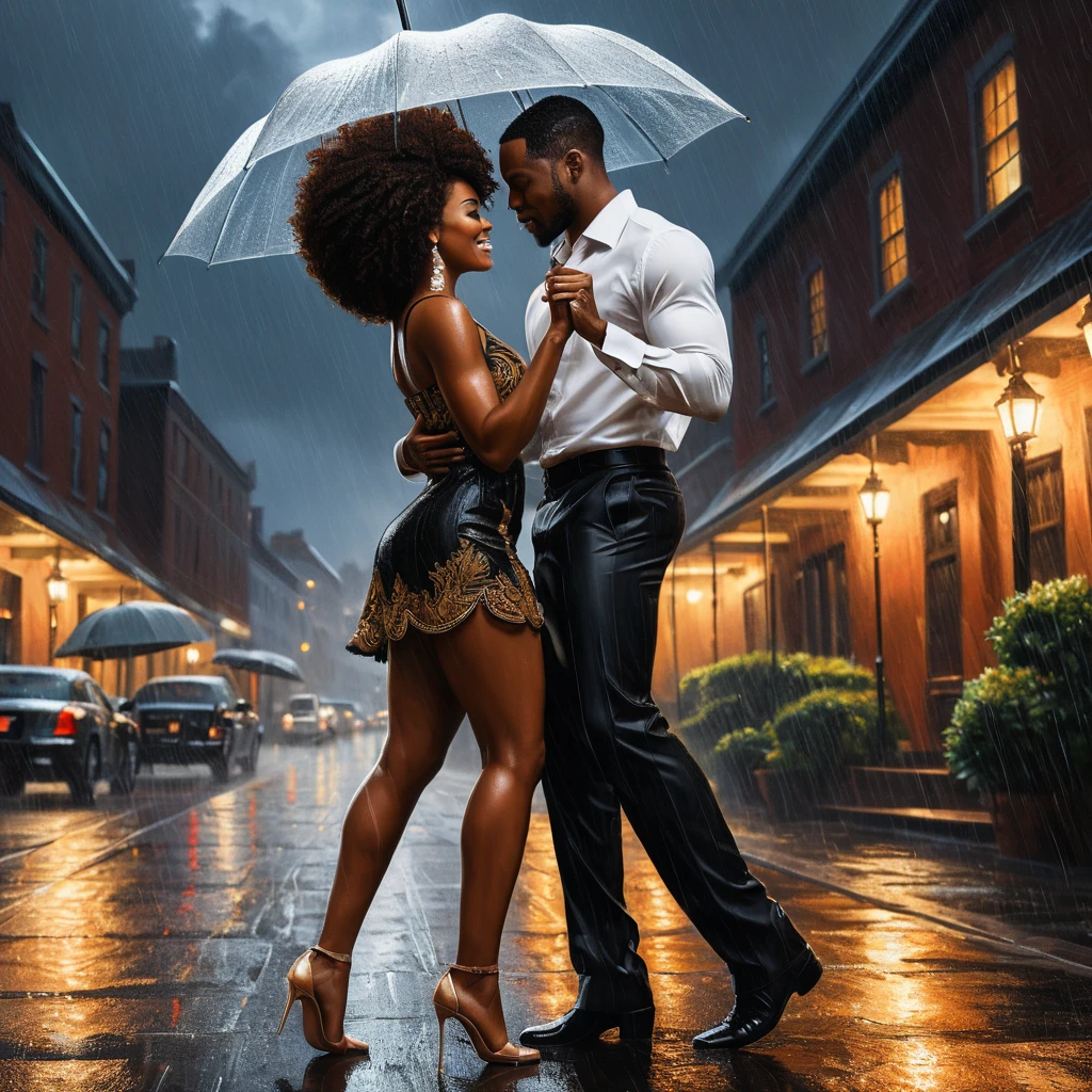 Romantic Black couple dancing together in the rain