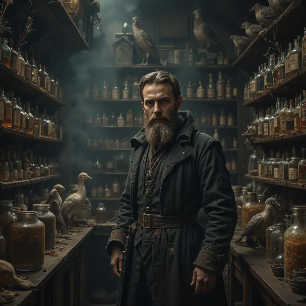 Bearded plague doctor in a dim seventeenth century apothecary
