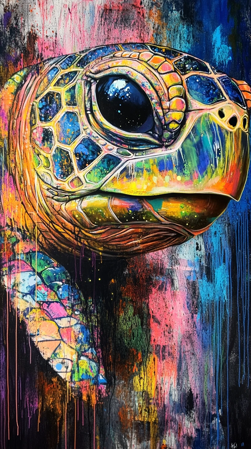 Ritratto Surreale di Tartaruga in Graffiti con Occhio al Neon Luminoso