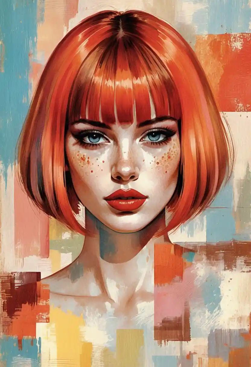 Retrato pop art de garota com vibrante cabelo chanel vermelho