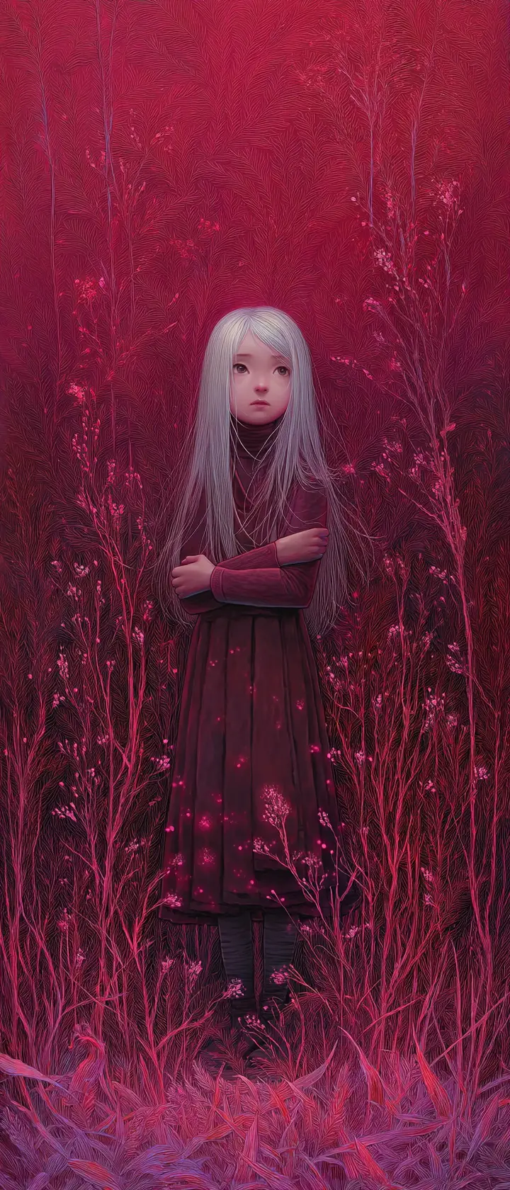 薄暮時分站在石南花田中的銀髮少女