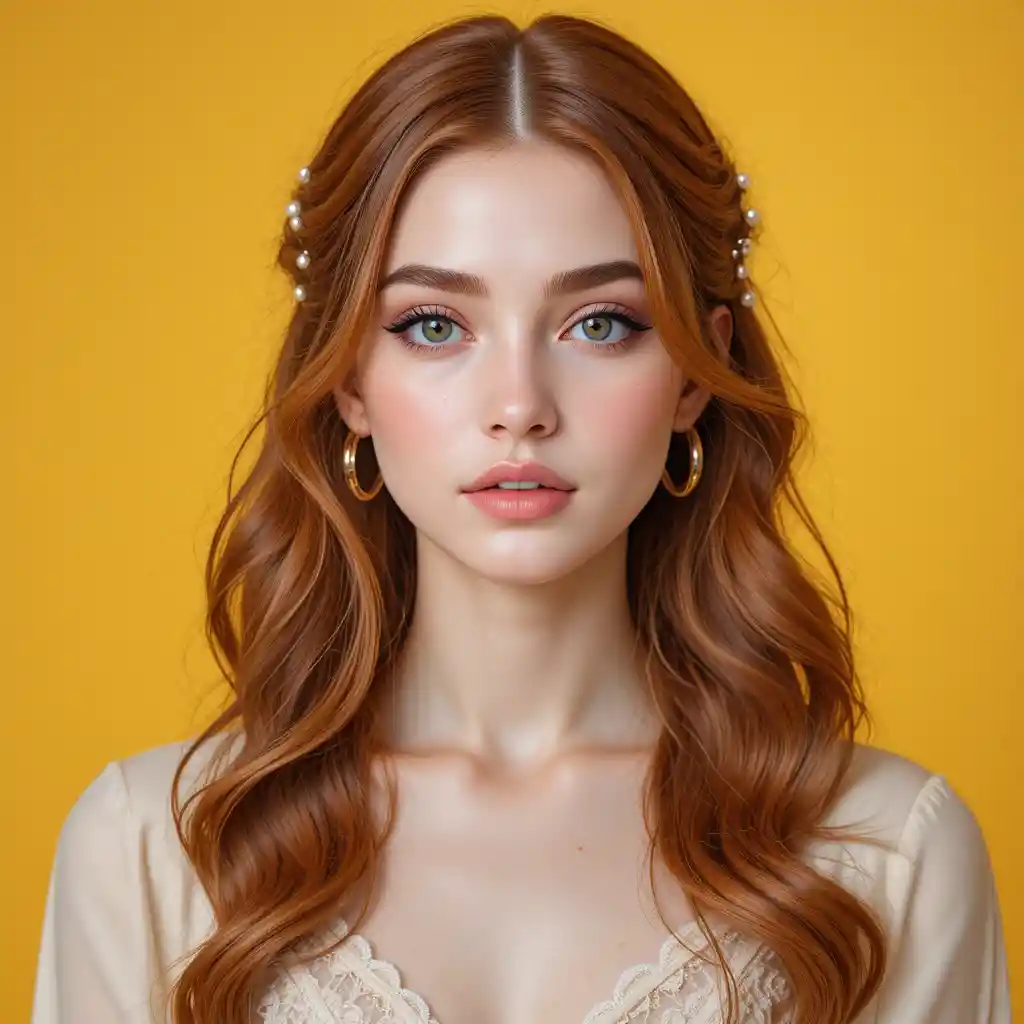 Young woman portrait with pearl hairpins and gold hoops