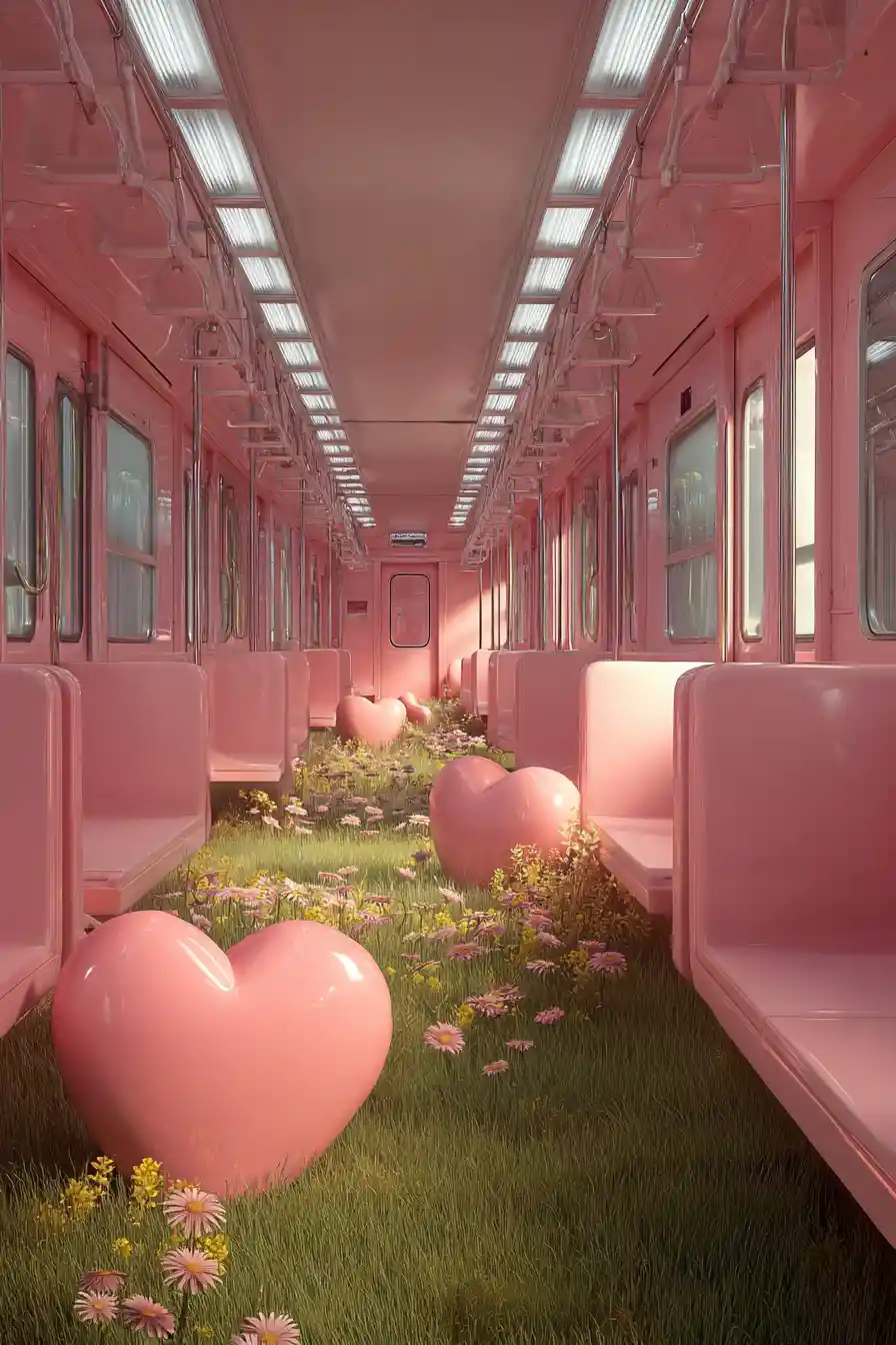 充滿草地愛心與野花的粉紅色地鐵車廂