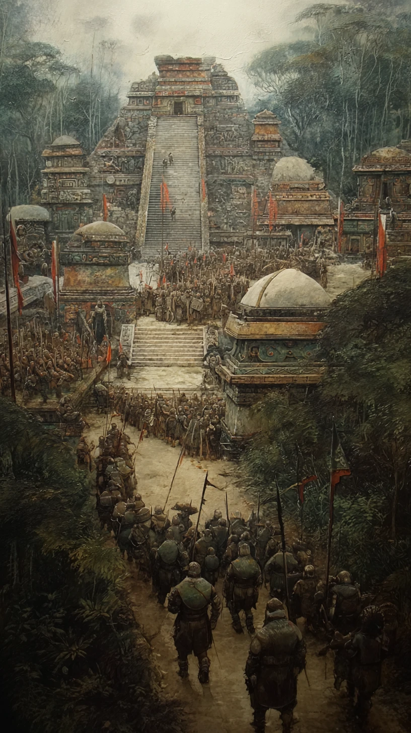 Antigos soldados mesoamericanos reunidos diante de um templo imponente