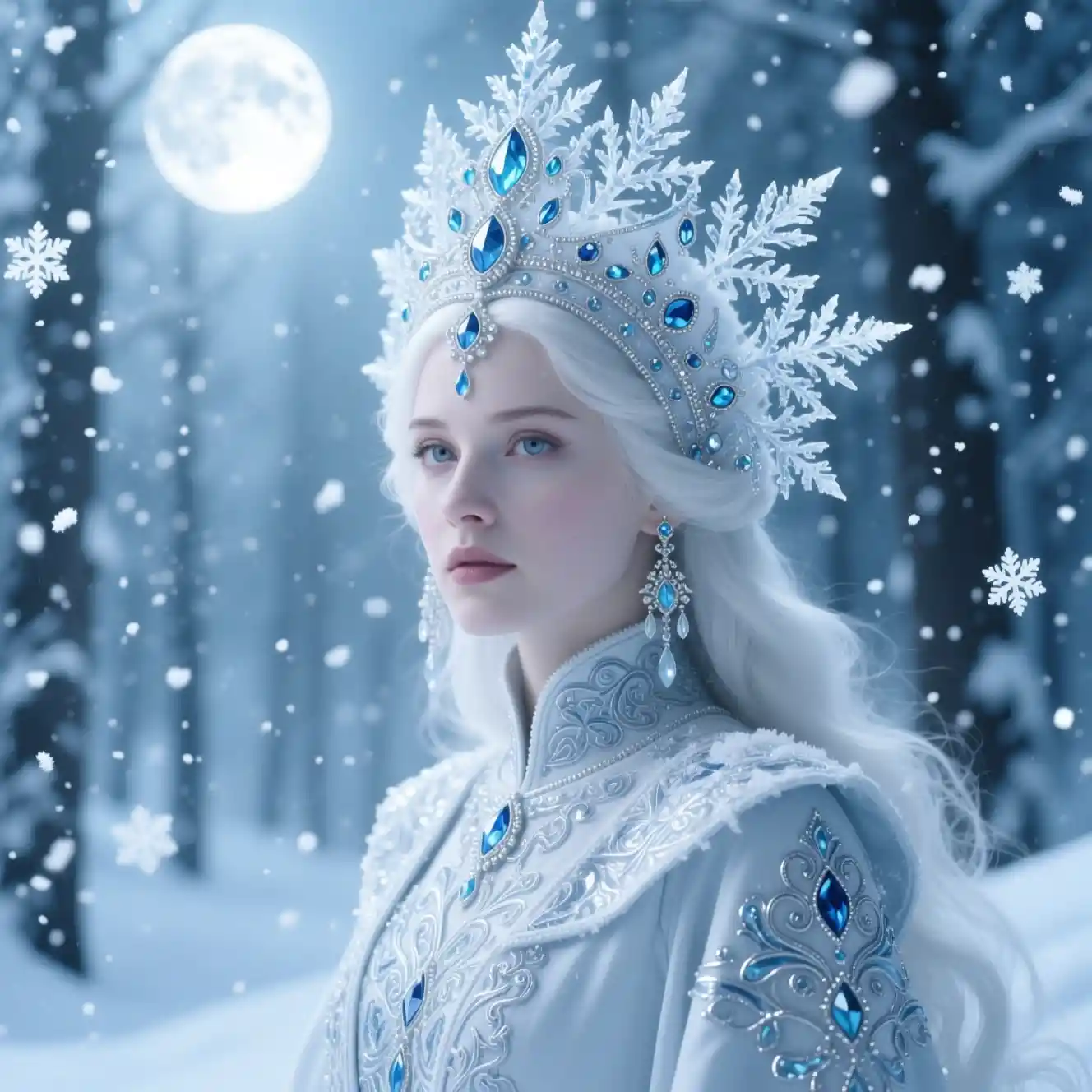 Jeune fille des neiges avec kokoshnik dans une forêt d’hiver scintillante
