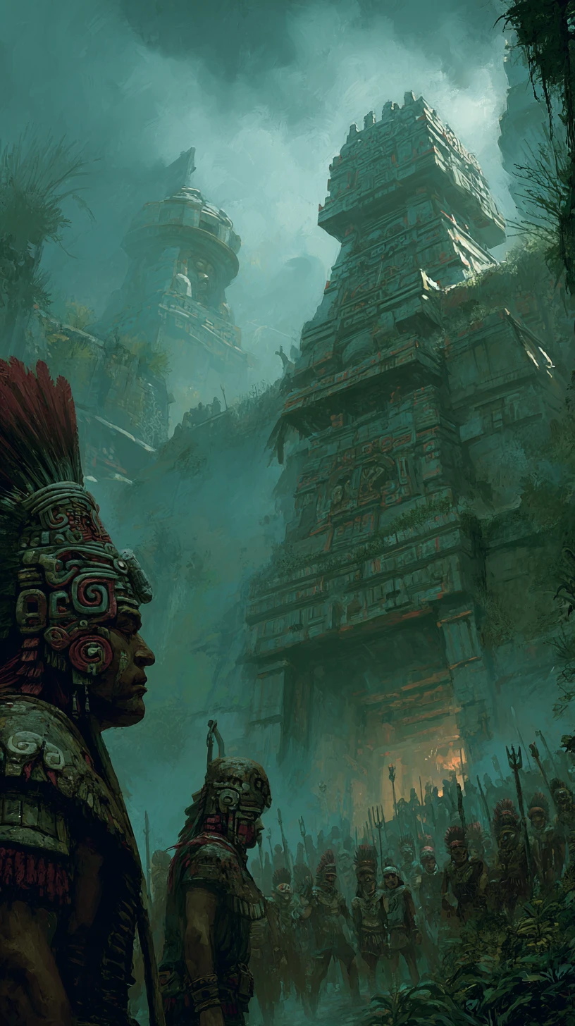 Anciens guerriers mésoaméricains rassemblés devant un temple imposant