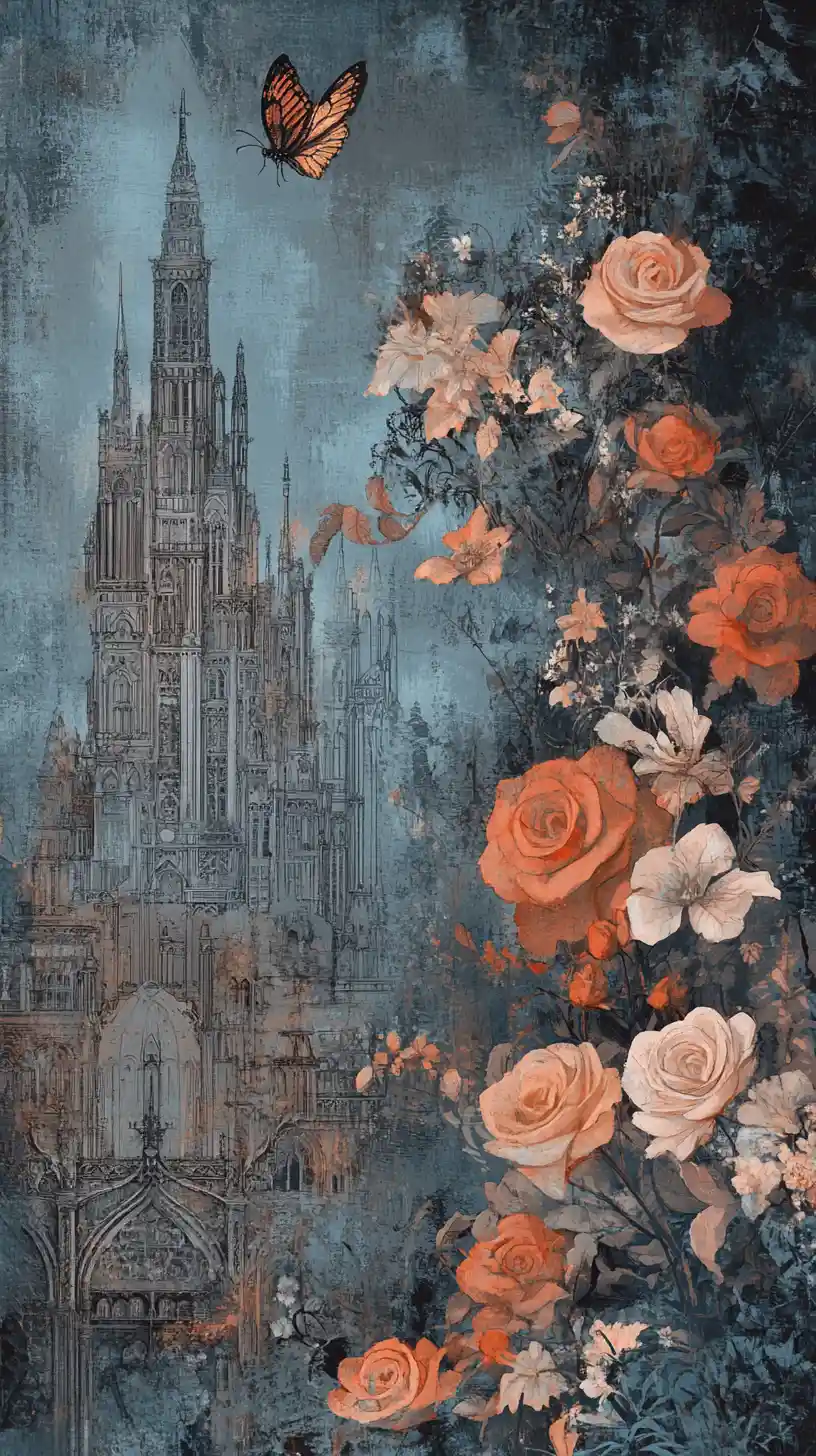 Gotische Fantasiestadt neben herabfließenden gedämpften Rosen