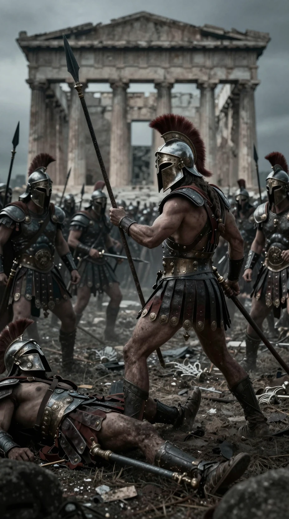 Spartanischer Krieger kämpft gegen persische Soldaten im antiken Athen