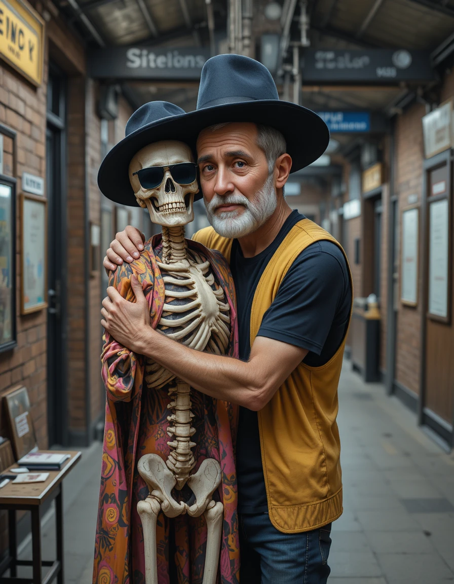 Man tenderly embracing a robed skeleton in a station
