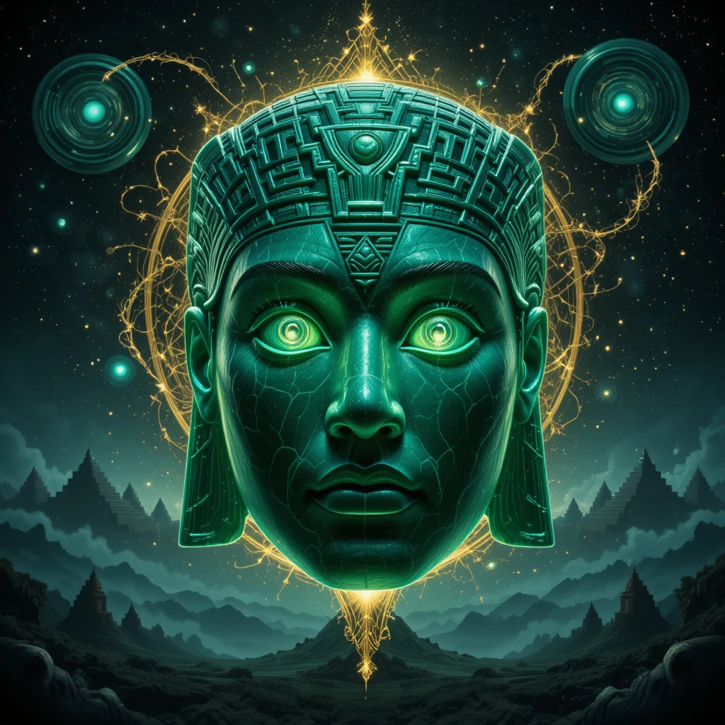 Máscara de jade esmeralda no centro de um espaço cósmico brilhante