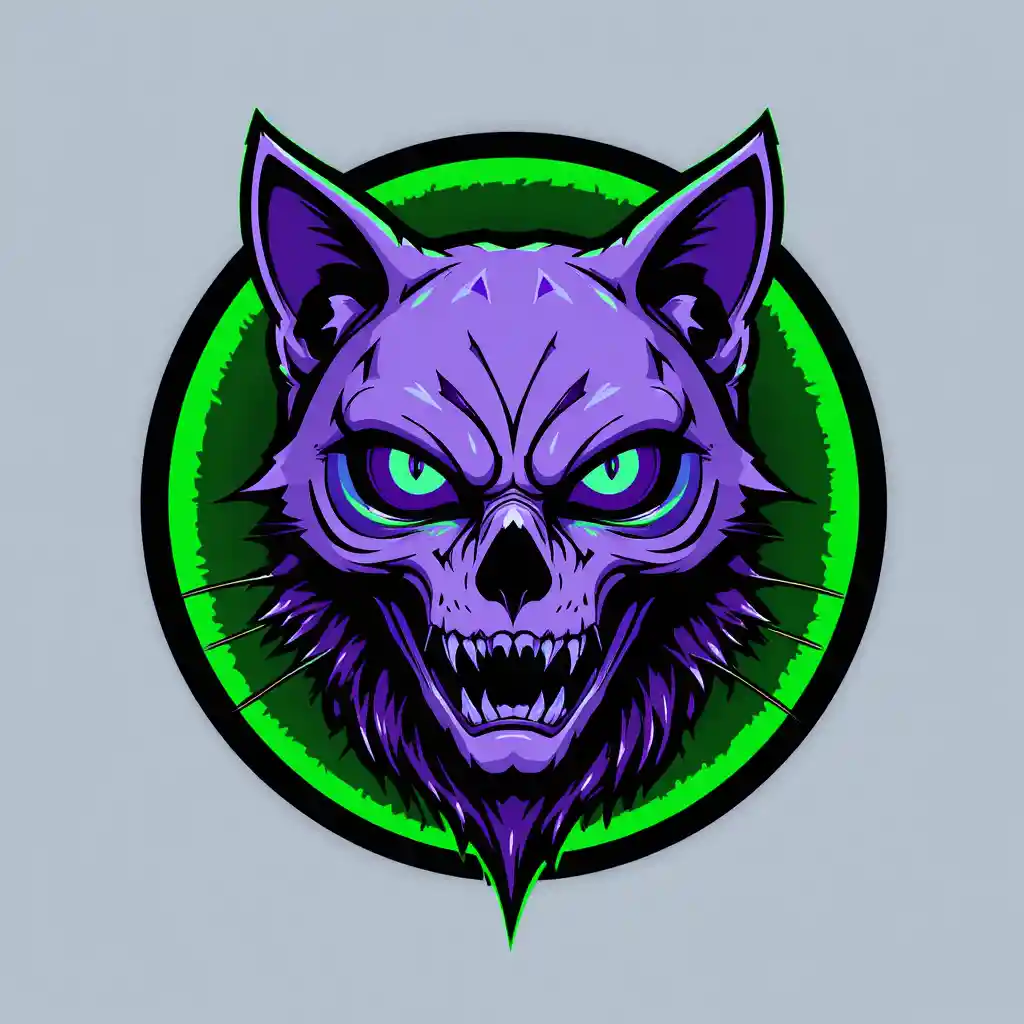 Lila Katzenschädel-Logo mit neongrünem Heiligenschein und Flügeln