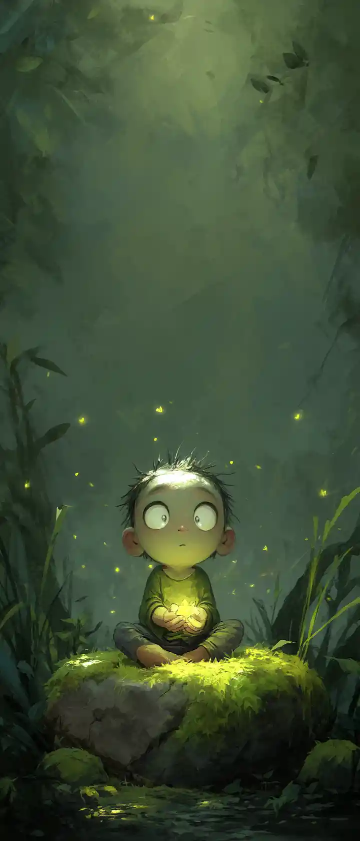 静かな森の空き地で光るホタルを手にする子ども
