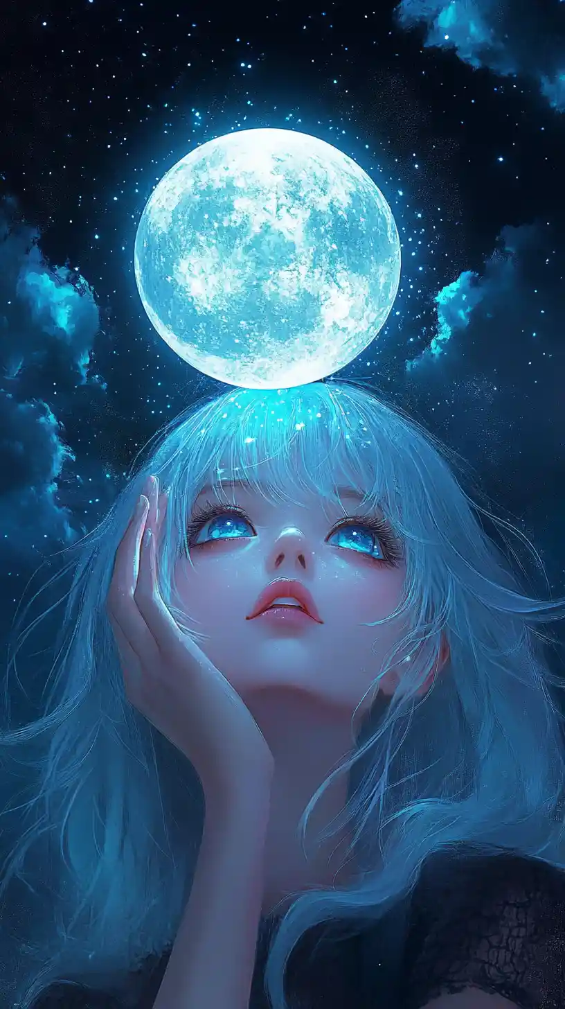 Anime-Mädchen, das einen leuchtenden Mond in der kosmischen Nacht hält