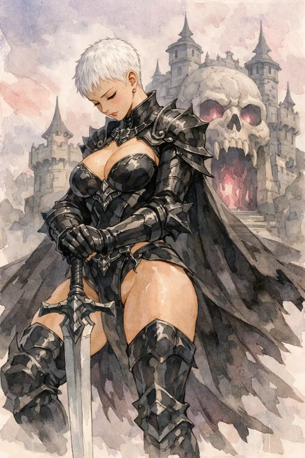 Guerreira de anime diante do portão de uma fortaleza caveira