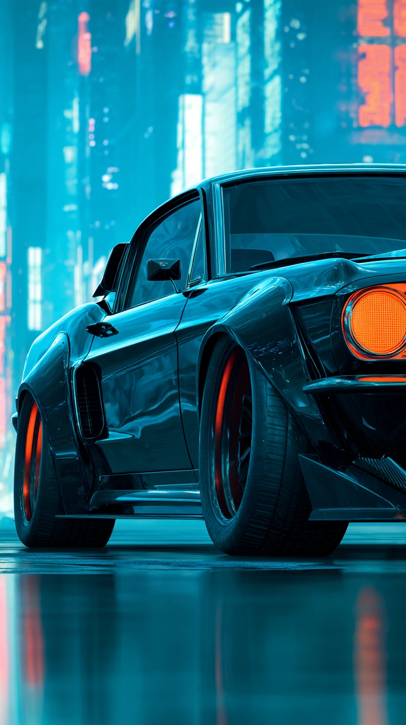 Carro muscle preto futurista flutuando em formato quadrado