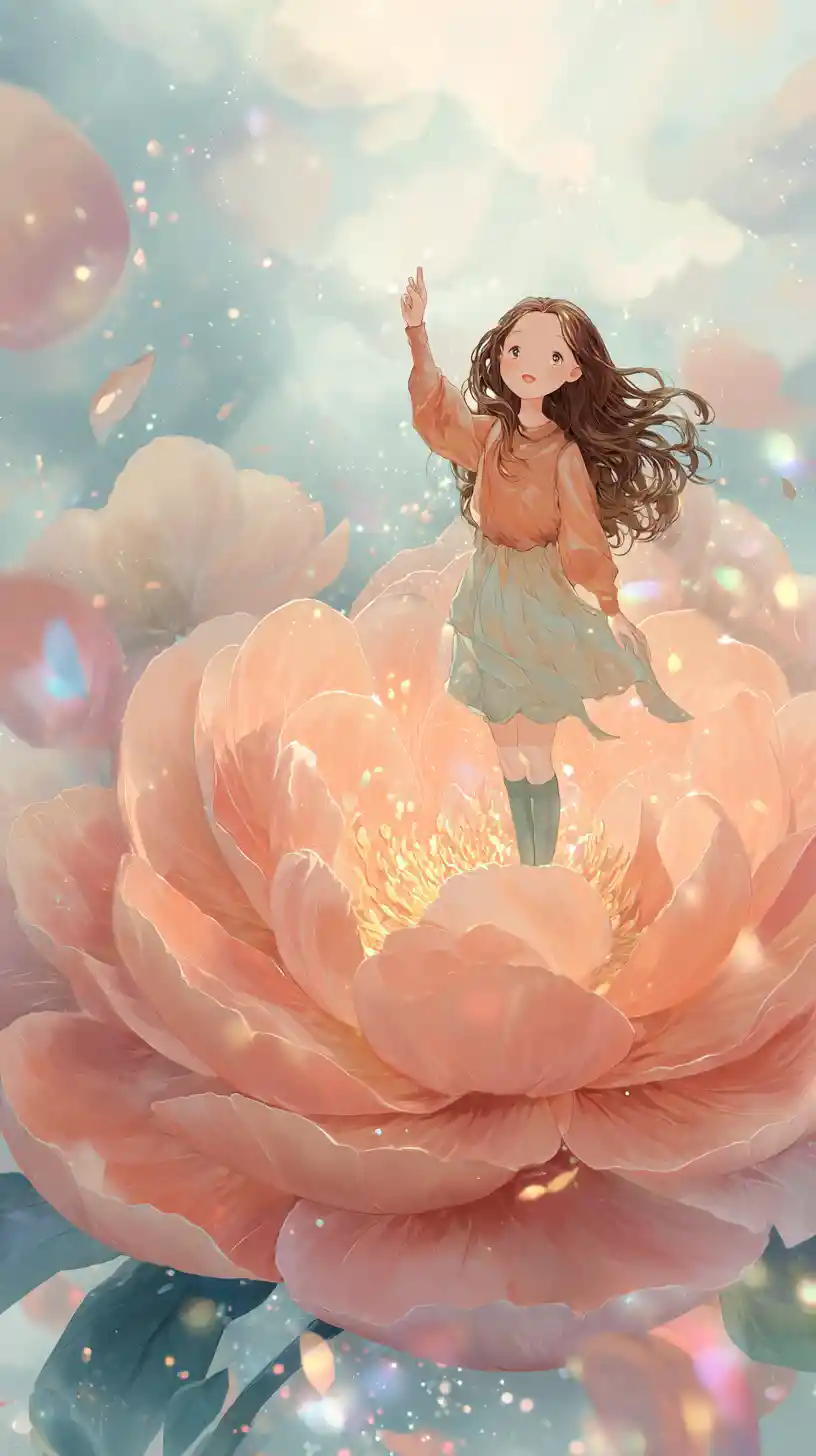 Joyful girl standing on a glowing peony in starlit dreamscape