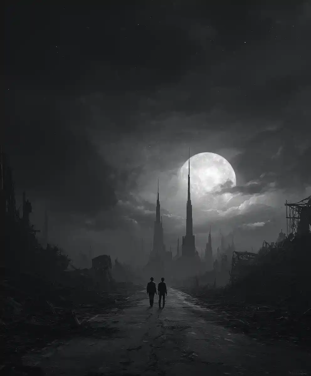 Two figures walking along a desolate road under the moon