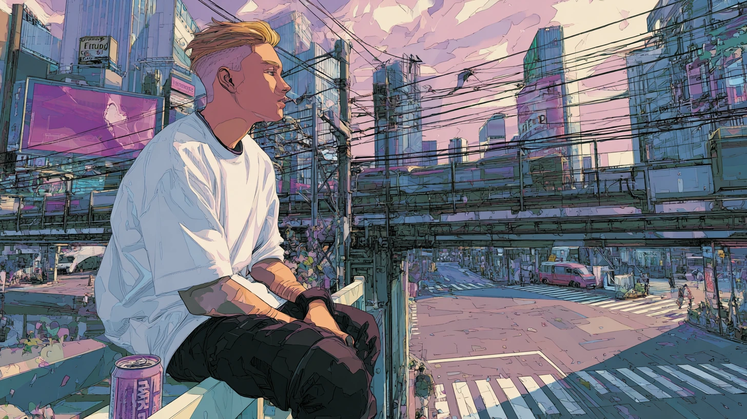 Giovane su cavalcavia in scena contemplativa di città in stile manga