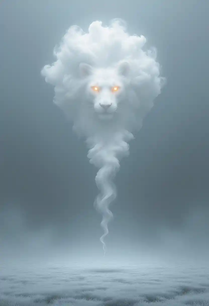 Mystischer löwenförmiger Rauch, der durch dichten Nebel hinabsteigt