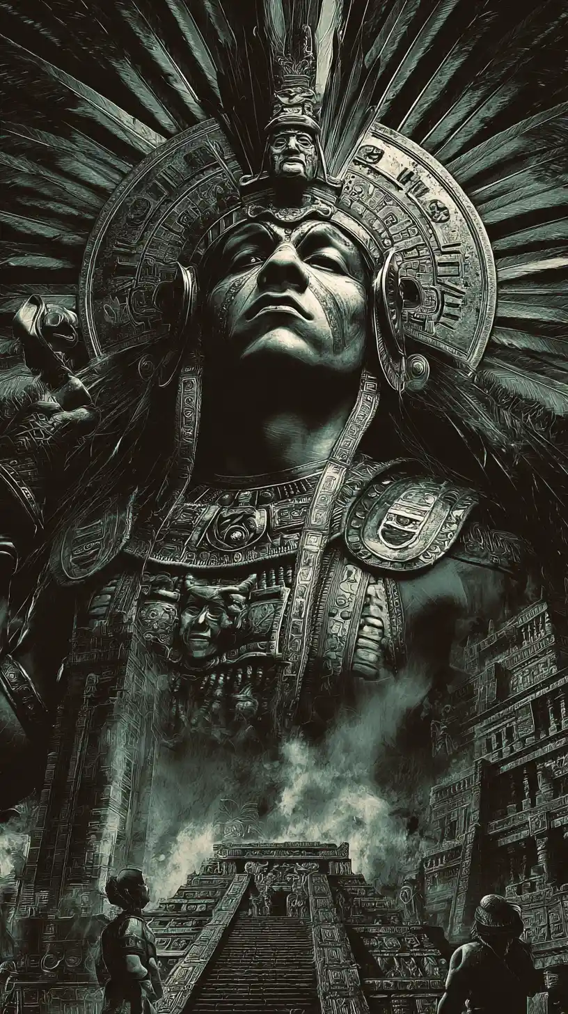 Aztec inspired alien beings gathered at a grand stone temple