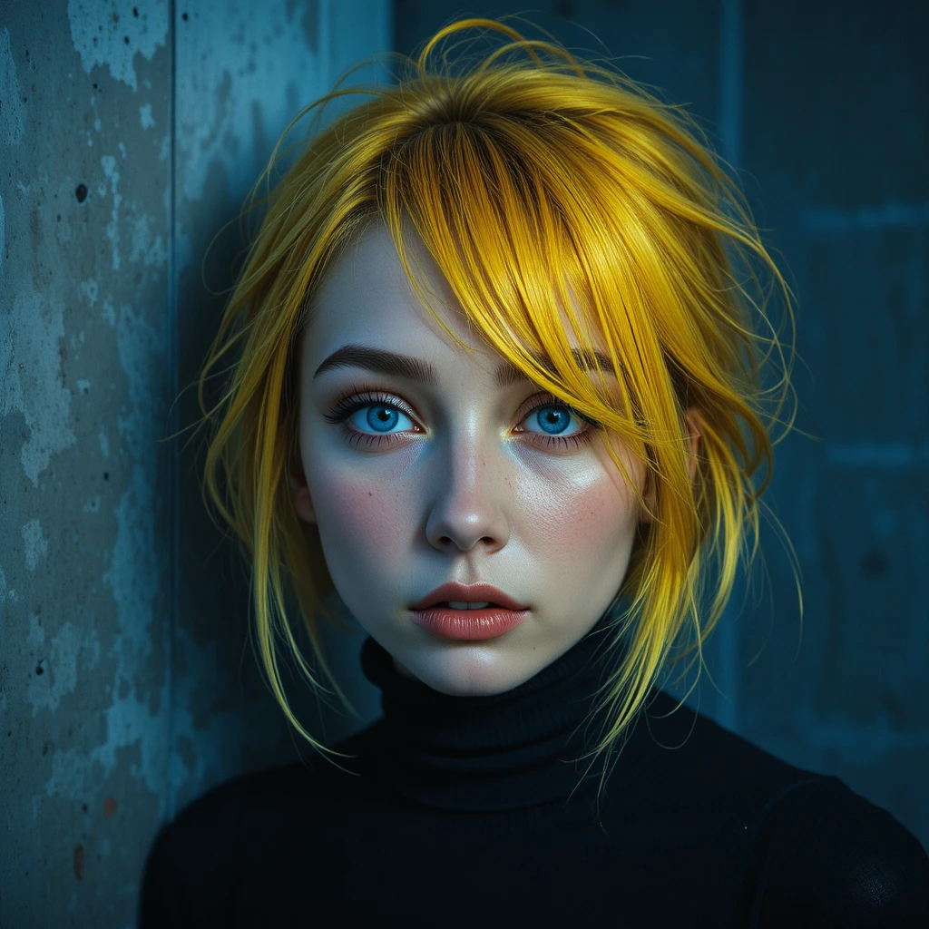 Intense yellow haired woman in blue light portrait