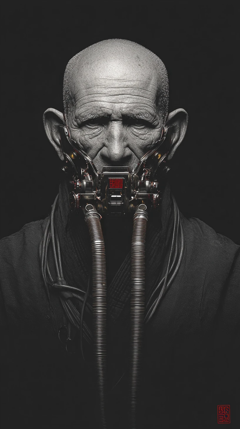Comandante cyborg cyberpunk con collo meccanico e maschera