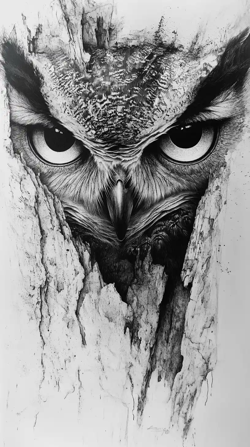 Coruja surreal em mixed media com grandes olhos reflexivos