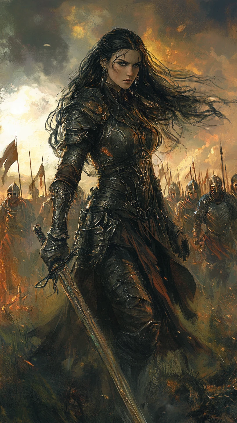 Fierce female warlord leading her army at twilight