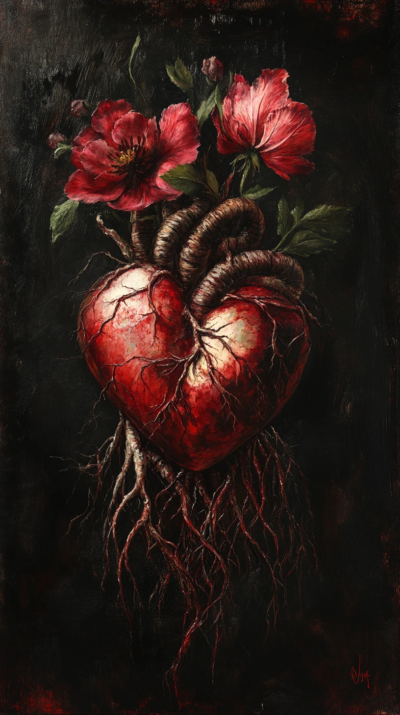 Two fused anatomical hearts with braided roots and flowers